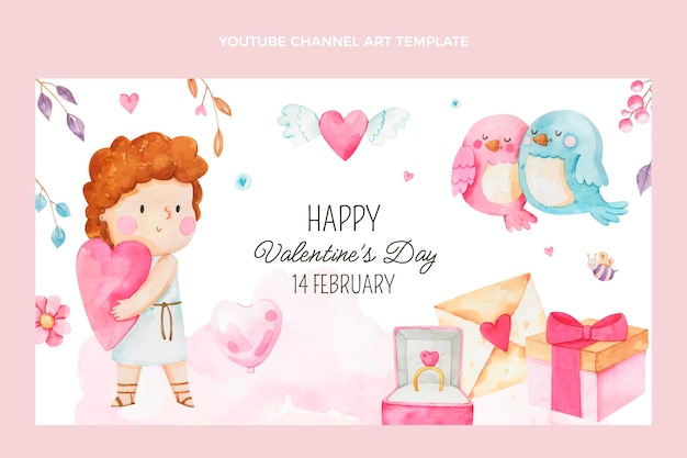 Vecteur gratuit art de la chaîne youtube aquarelle de la saint-valentin