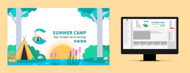 Vecteur gratuit art de la chaîne youtube de camping d'été plat