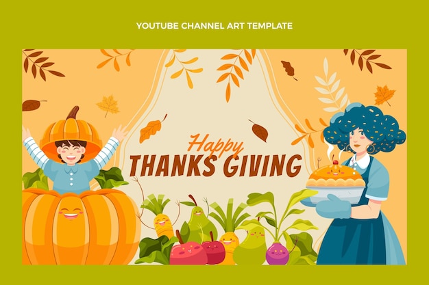 Vecteur gratuit art de la chaîne youtube de thanksgiving plat dessiné à la main