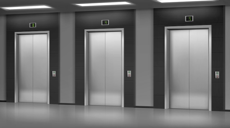 Vecteur gratuit ascenseur en acier silwer avec portes fermées dans le couloir