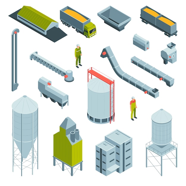 Vecteur gratuit ascenseur à grains isométrique serti d'icônes isolées de bâtiments d'appareils d'usine avec des camions et des personnages de travailleurs illustration vectorielle