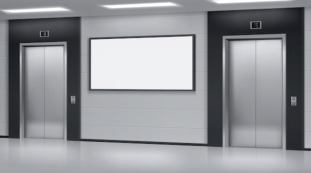 Vecteur gratuit ascenseurs réalistes avec portes fermées et écran d'affiche publicitaire sur le mur. couloir de bureau ou d'hôtel moderne, intérieur du hall vide avec ascenseurs et écran vide, illustration vectorielle 3d