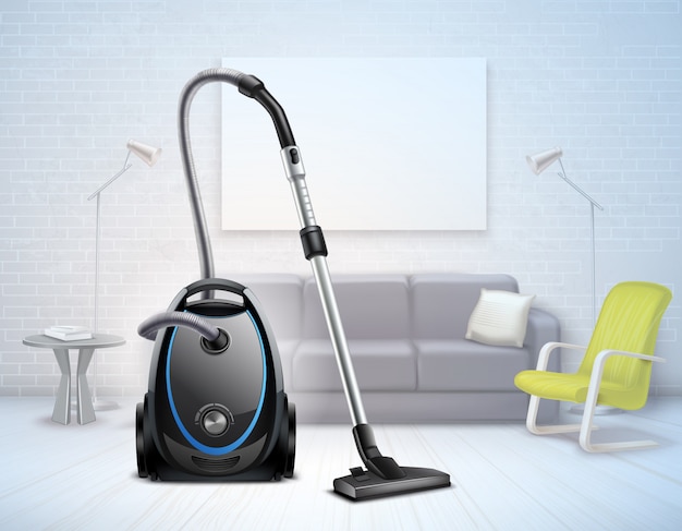 Aspirateur électrique lumineux et réaliste avec tuyau d'aspiration télescopique dans un salon