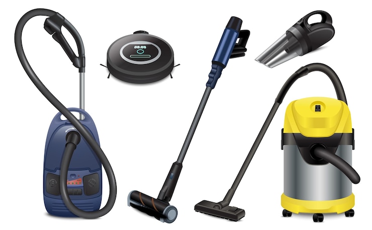 Vecteur gratuit aspirateur ensemble réaliste d'icônes isolées avec vue sur les appareils ménagers portables et les robots de nettoyage illustration vectorielle