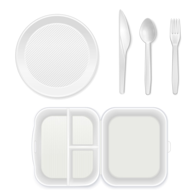 Assiette en plastique blanc jetable couteau à couverts fourchette cuillère boîte à lunch vue de dessus ensemble de vaisselle réaliste isolé