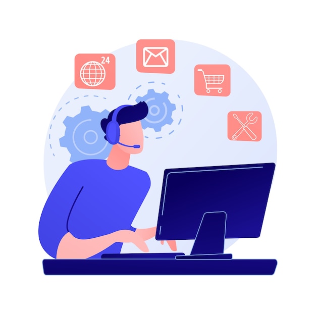 Assistant En Ligne, Aide Utilisateur, Questions Fréquemment Posées. Personnage De Dessin Animé De Travailleur De Centre D'appels. Femme Travaillant à La Hotline.