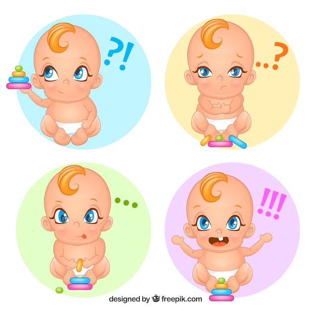 Vecteur gratuit assortiment de bébé mignon avec des visages expressifs