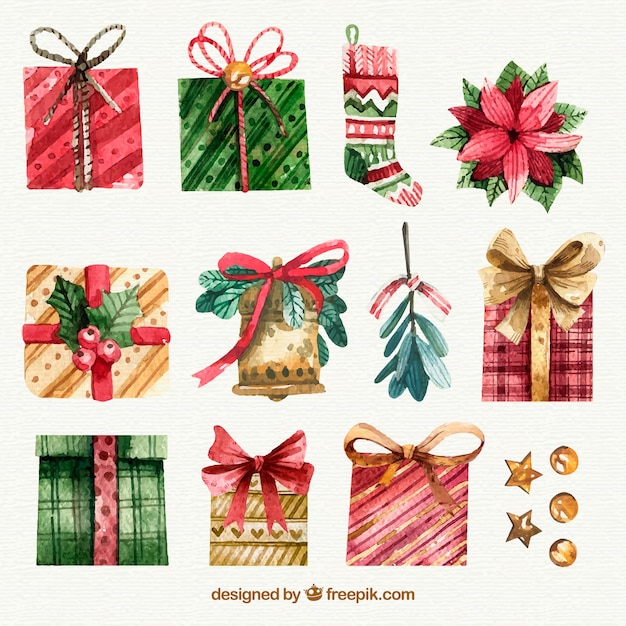 Assortiment de cadeaux de Noël aquarelle