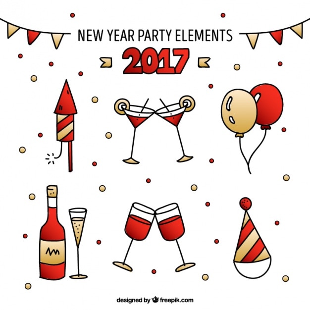 Vecteur gratuit assortiment de dessiné à la main des éléments du parti nouvel an