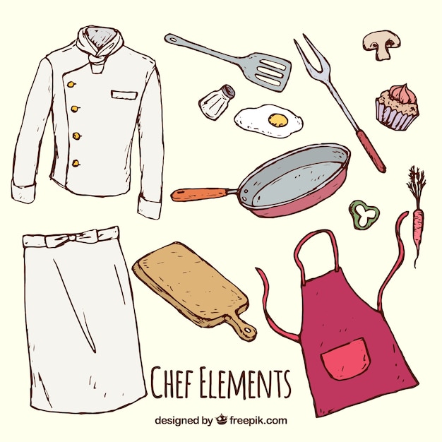 Vecteur gratuit assortiment d'éléments de cuisine avec uniforme de chef