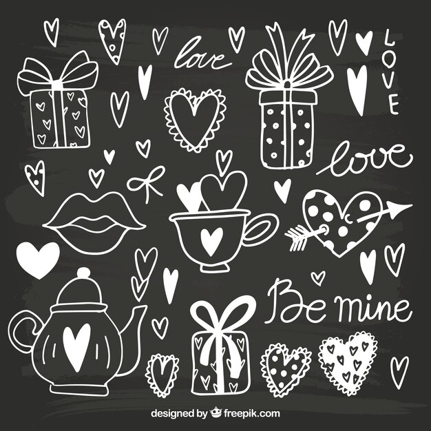 Assortiment des objets de Saint Valentin dessinée à la main