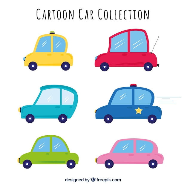 Vecteur gratuit assortiment de six véhicules de dessins animés