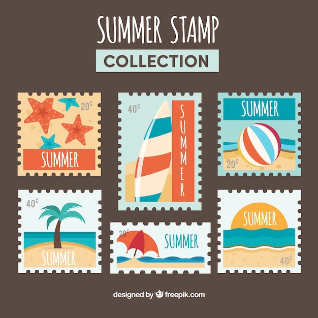 Vecteur gratuit assortiment de timbres de poste d'été colorés