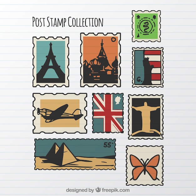 Vecteur gratuit assortiment de timbres de poste vintage