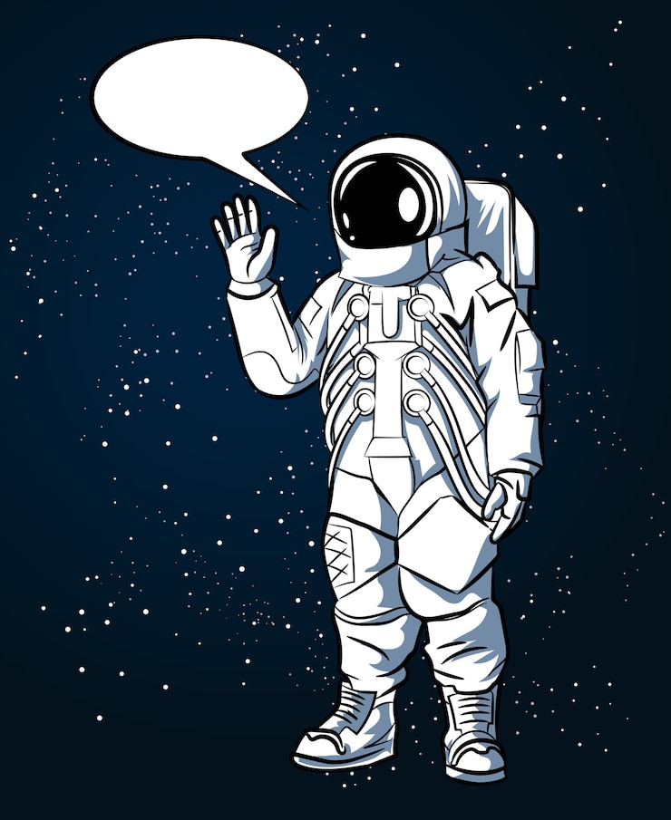 Vecteur gratuit astronaute en combinaison spatiale dans un style dessiné à la main dans l'espace extra-atmosphérique et bulles. spaceman et science, illustration vectorielle de casque