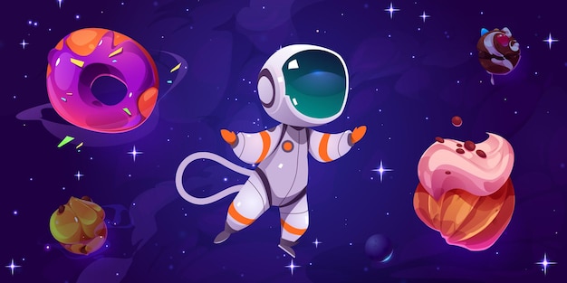 Vecteur gratuit astronaute dans l'espace de bonbons près de beignet planète enfant dessin animé vecteur cosmique enfantin fantaisie planétaire illustration pour chocolat extraterrestre et pâtisserie jeu univers dessin concept de ciel nocturne
