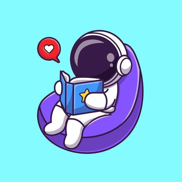 Astronaute, lecture, livre, sur, pouf, dessin animé, vecteur, icône, illustration