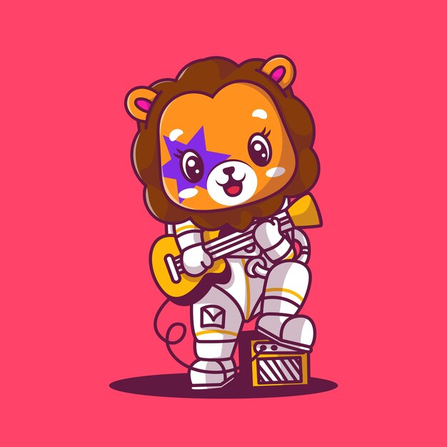 Astronaute lion mignon jouant l'illustration de l'icône de la guitare