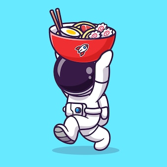 L'astronaute mignon apporte l'illustration d'icône de vecteur de dessin animé de bol de ramen. concept d'icône de nourriture scientifique isolé vecteur premium. style de dessin animé plat