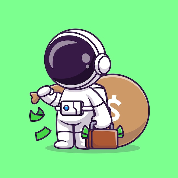 Vecteur gratuit astronaute mignon apporter sac d'argent et valise dessin animé vecteur icône illustration science finance plat