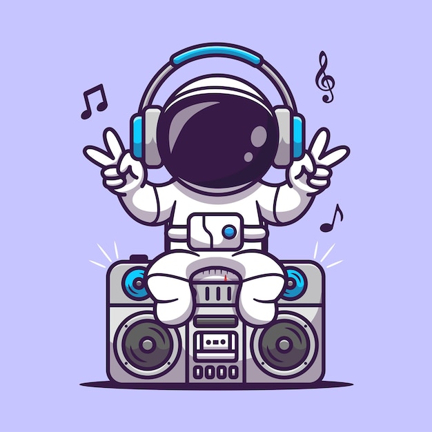 Astronaute Mignon écoutant Avec Boombox Cartoon Vector Icon Illustratiod. Concept D'icône De Technologie Scientifique Isolé Vecteur Premium. Style De Dessin Animé Plat