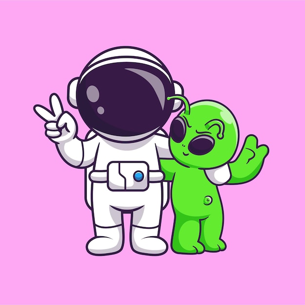 Vecteur gratuit l'astronaute mignon et l'extraterrestre avec la main de la paix cartoon vecteur icône illustration science technologie plate