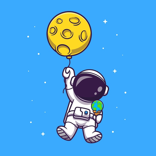 Vecteur gratuit astronaute mignon flottant avec ballon de lune et illustration de crème glacée de la terre