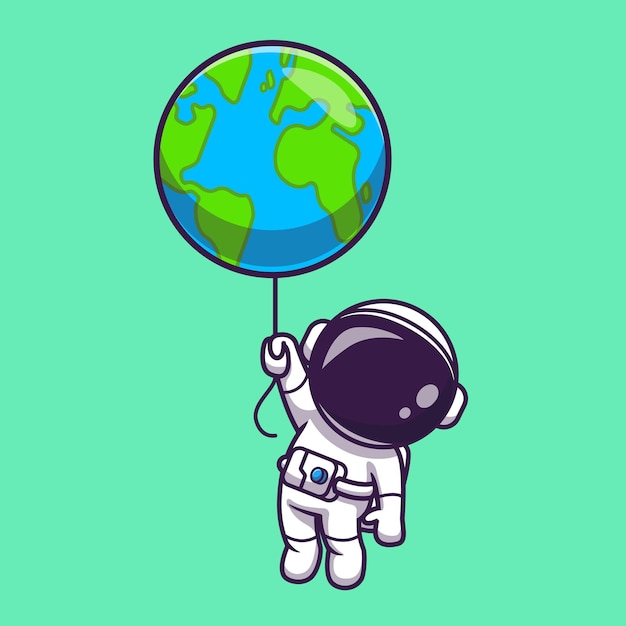 Vecteur gratuit astronaute mignon flottant avec l'illustration d'icône de vecteur de dessin animé de ballon du monde de la terre. concept d'icône de technologie science isolé vecteur premium. style de dessin animé plat.