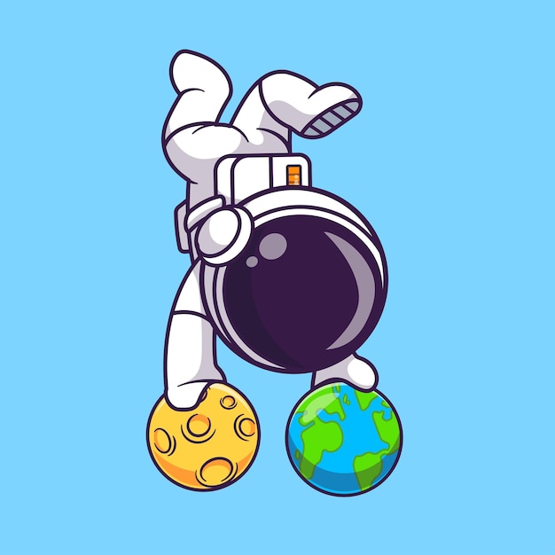 Astronaute Mignon Handstand Sur La Terre Et La Lune Cartoon Vector Icon Illustration Science Technology Icon