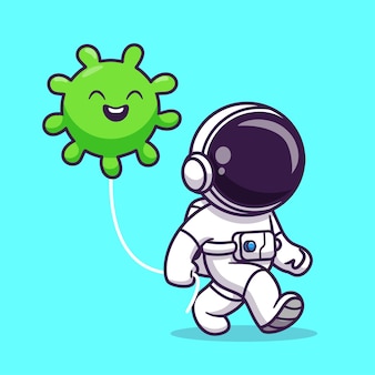 Astronaute mignon avec illustration d'icône de vecteur de dessin animé de ballon de virus. concept d'icône de technologie scientifique isolé vecteur premium. style de dessin animé plat