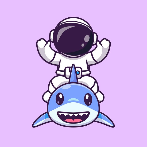 Astronaute Mignon Avec Illustration D'icône De Vecteur De Dessin Animé De Requin Mignon. Concept D'icône Animal Science Isolé Vecteur Premium. Style de dessin animé plat