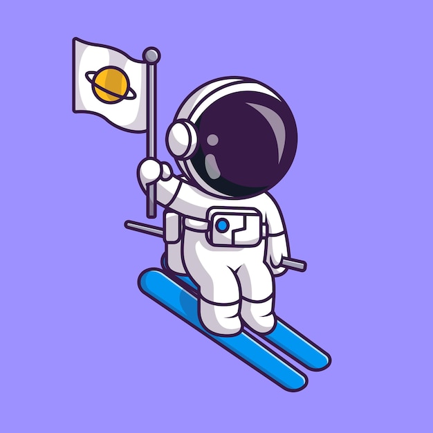 Vecteur gratuit astronaute mignon jouant au ski sur glace avec le drapeau de la planète dessin animé icône vectorielle illustration science sport plat