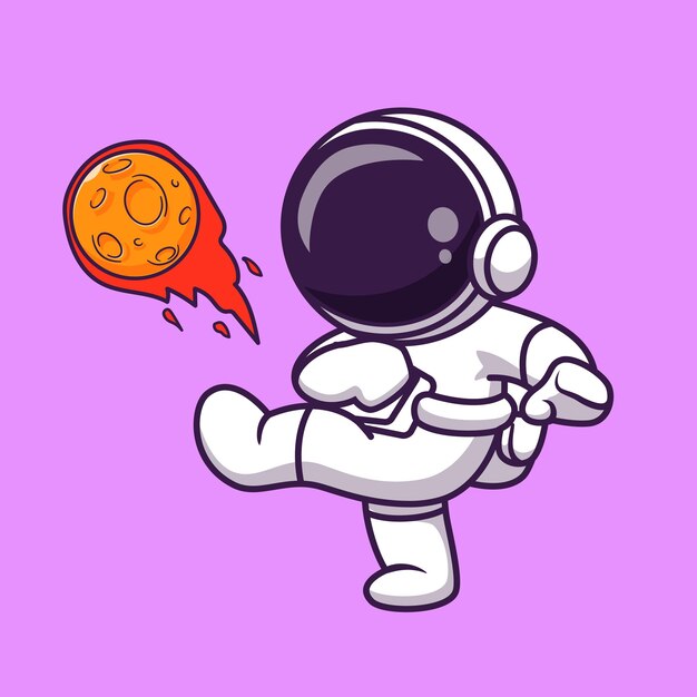 Astronaute Mignon Jouant L'illustration D'icône De Vecteur De Dessin Animé De Ballon De Football De Lune. Science Sport Isolé