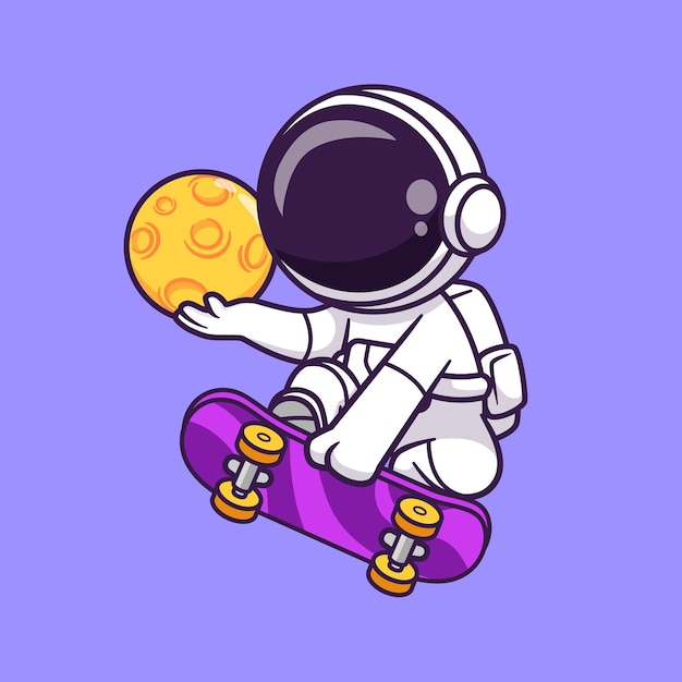 Astronaute mignon jouant à la planche à roulettes avec la lune dans l'illustration de l'icône de vecteur de dessin animé de l'espace. Sciences Sport