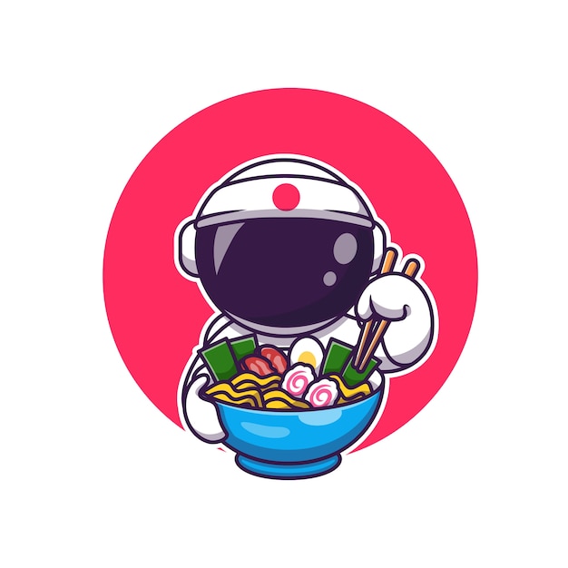 Astronaute Mignon Mangeant Une Caricature De Ramen. Concept D'icône De Nourriture Scientifique Isolé. Style De Bande Dessinée Plat