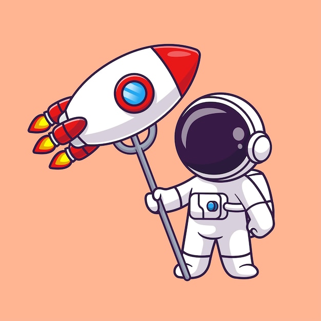 Vecteur gratuit l'astronaute mignon pousse une fusée avec une fourchette cartoon vector icon illustration science technologie isolée