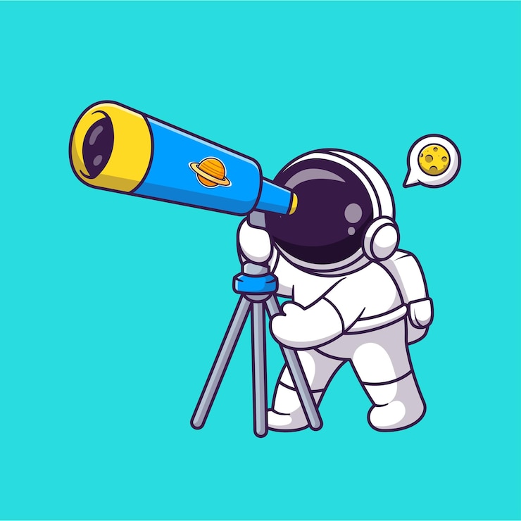 Vecteur gratuit l'astronaute mignon qui regarde la lune avec un télescope cartoon vector icon illustration science technologie flat