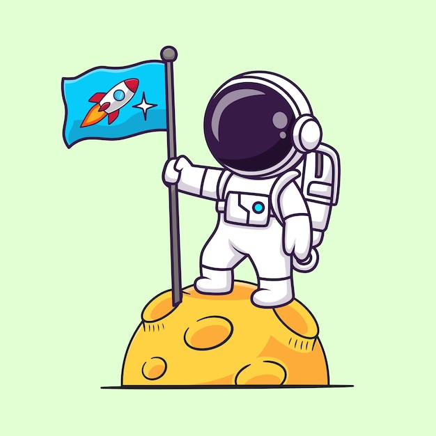 Vecteur gratuit astronaute mignon tenant un drapeau de fusée sur l'illustration de l'icône vectorielle de dessin animé de lune. icône de technologie scientifique