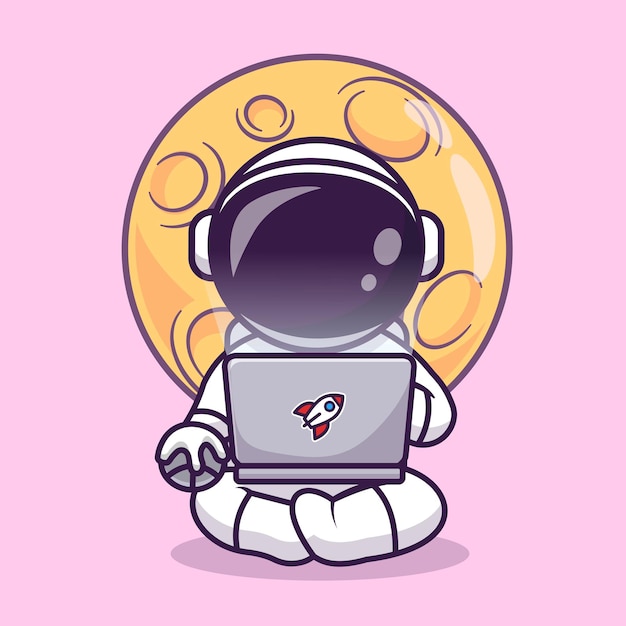 Vecteur gratuit astronaute mignon travaillant sur ordinateur portable sur l'illustration de l'icône de vecteur de dessin animé de lune. icône de technologie scientifique