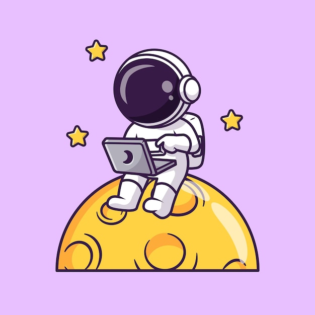 Astronaute mignon travaillant avec un ordinateur portable sur la lune avec l'illustration de l'icône de vecteur de dessin animé étoile. Science-Tech