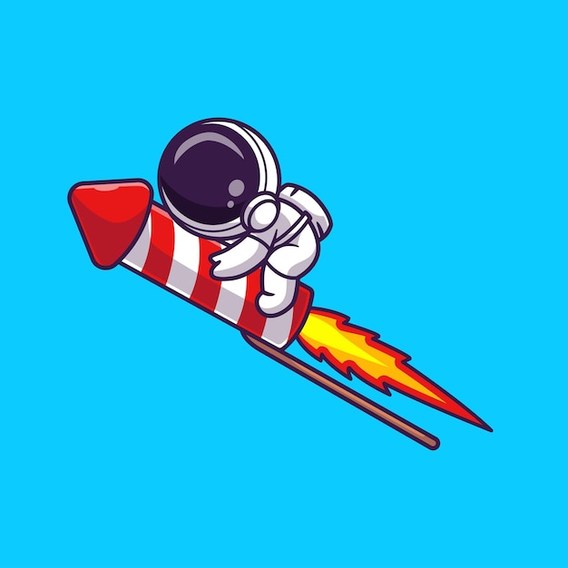 Astronaute Mignon Volant Avec Des Feux D'artifice Fusée Dessin Animé Vectoriel Icône Illustration Science Technologie Plate