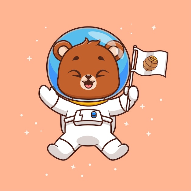 L'astronaute Ours Mignon Tenant Le Drapeau Du Nid D'abeille Dans L'espace Dessin Animé Icône Vectorielle Illustration Science Animale