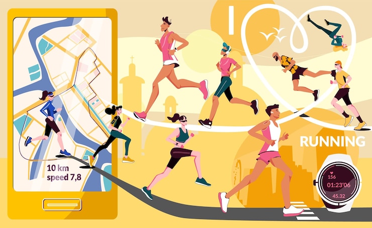 Vecteur gratuit les athlètes de composition plate en cours d'exécution en ville courent et profitent de leur course avec l'application sur leur smartphone et leur illustration vectorielle de montre gps