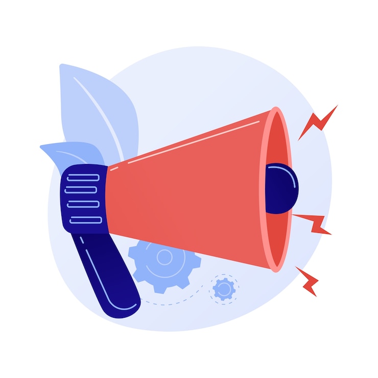 Vecteur gratuit attention attraction. annonce ou avertissement important, partage d'informations, dernières nouvelles. haut-parleur, mégaphone, mégaphone avec point d'exclamation.