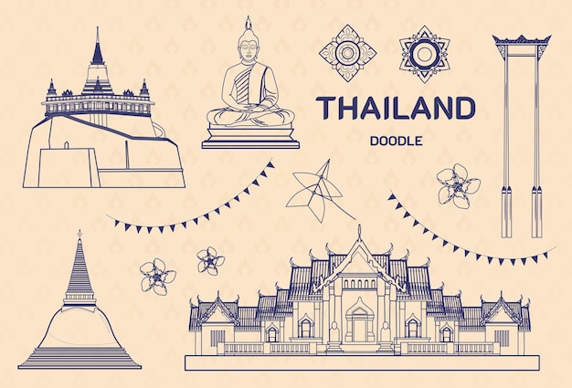 Vecteur gratuit attractions touristiques, sites célèbres, voyages en thaïlande et dégustation de plats thaïlandais en vacances destinations de voyage en asie