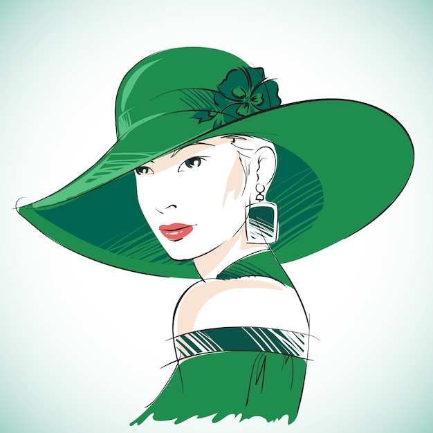 Attractive Portrait De Femme Sensuelle Portant Un Chapeau Vert Et Une Boucle D'oreille Illustration Vectorielle