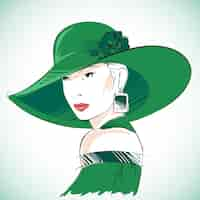 Vecteur gratuit attractive portrait de femme sensuelle portant un chapeau vert et une boucle d'oreille illustration vectorielle