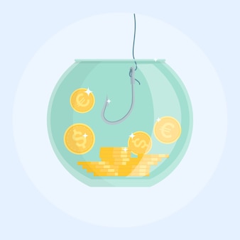 Attraper de l'argent avec un hameçon dans l'aquarium. pièces en dollars et en euros.