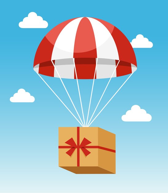 Attrayant parachute rouge et blanc transportant la boîte en carton de livraison sur fond de ciel bleu clair
