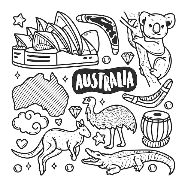 Vecteur gratuit australie icônes coloriage doodle dessiné à la main